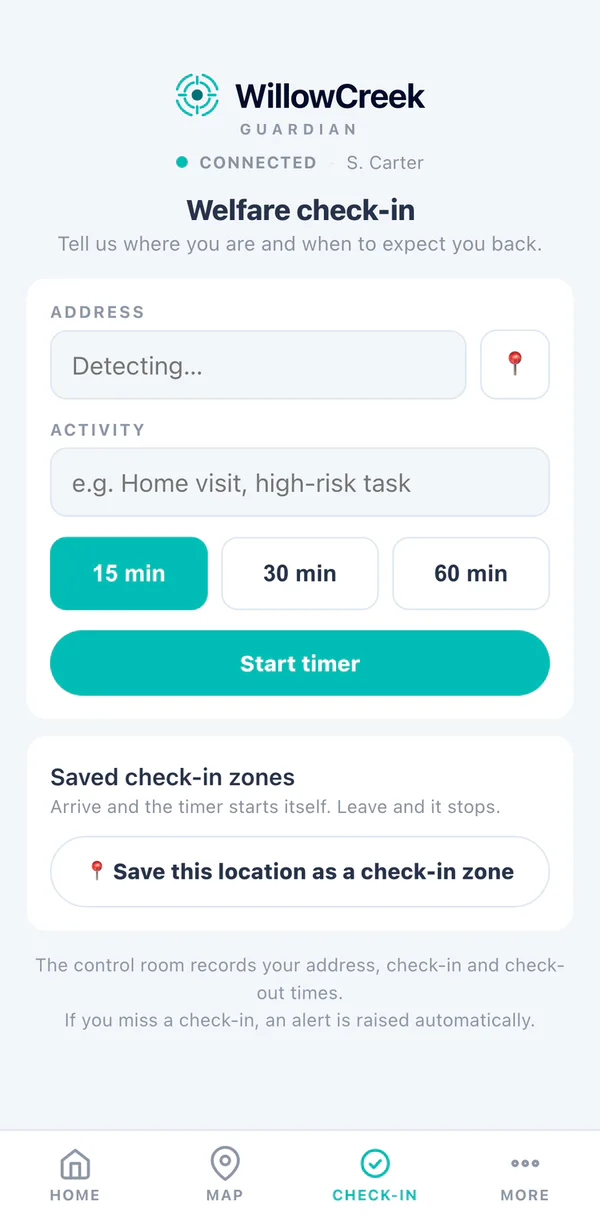 The check-in screen on the handset: an address field detecting the current location, an activity field, duration buttons for fifteen, thirty and sixty minutes, and a start timer button.