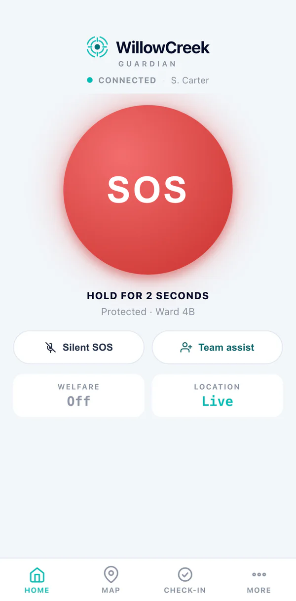 The handset home screen: a large red SOS button held for two seconds to raise duress, with silent SOS and team assist beneath it, and two status tiles reading welfare off and location live.