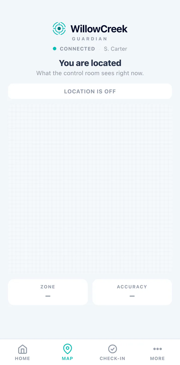 The handset location screen with location turned off: a blank grid, and dashes where the zone and accuracy would be.